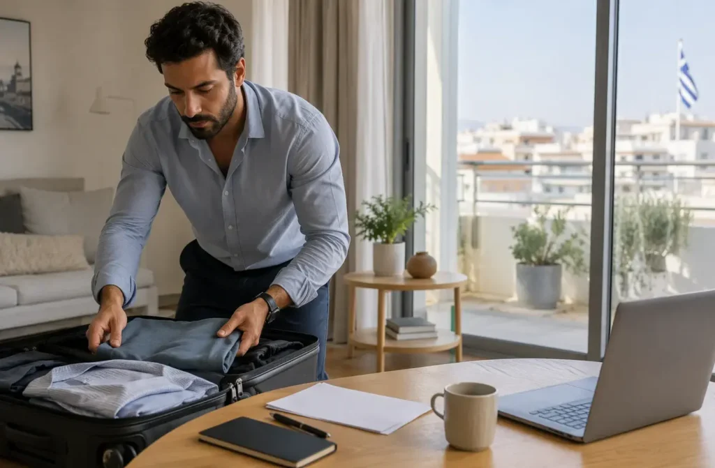 Greek candidate packing suitcase beside laptop in bright apartment
