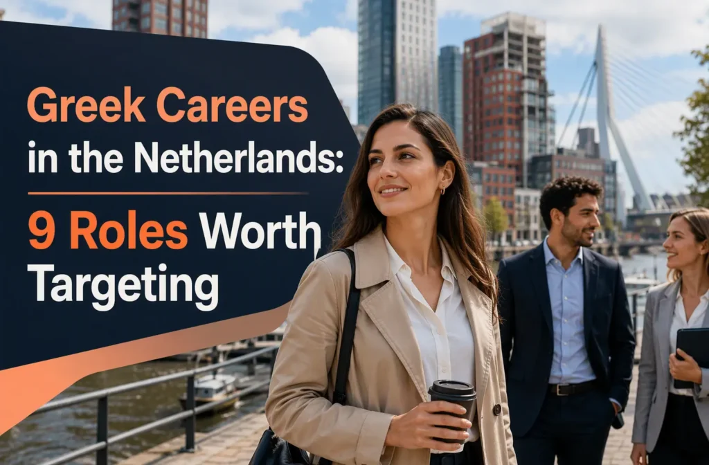 a multilingual support agent helping customers in a bright modern Dutch office)
Highlights
- Works well in international teams
- Often uses English as the working language
- Common in service, retail, and support functions
Specs
- Best for: Communicators and problem-solvers
- Language fit: Strong English is usually required
- Hiring outlook: Good in international companies
Pros
- Office-based and transferable
- Can lead to office career growth
Cons
- Live customer handling can be stressful
- Some roles expect Dutch later
It ranks highly because multilingual support roles often suit internationals well.
Last updated: July 29, 2026
![Greek Careers in the Netherlands: 9 Roles Worth Targeting