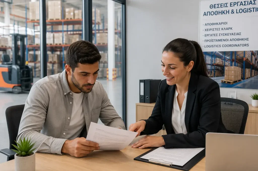 Greek job seeker reviewing warehouse contract with recruiter