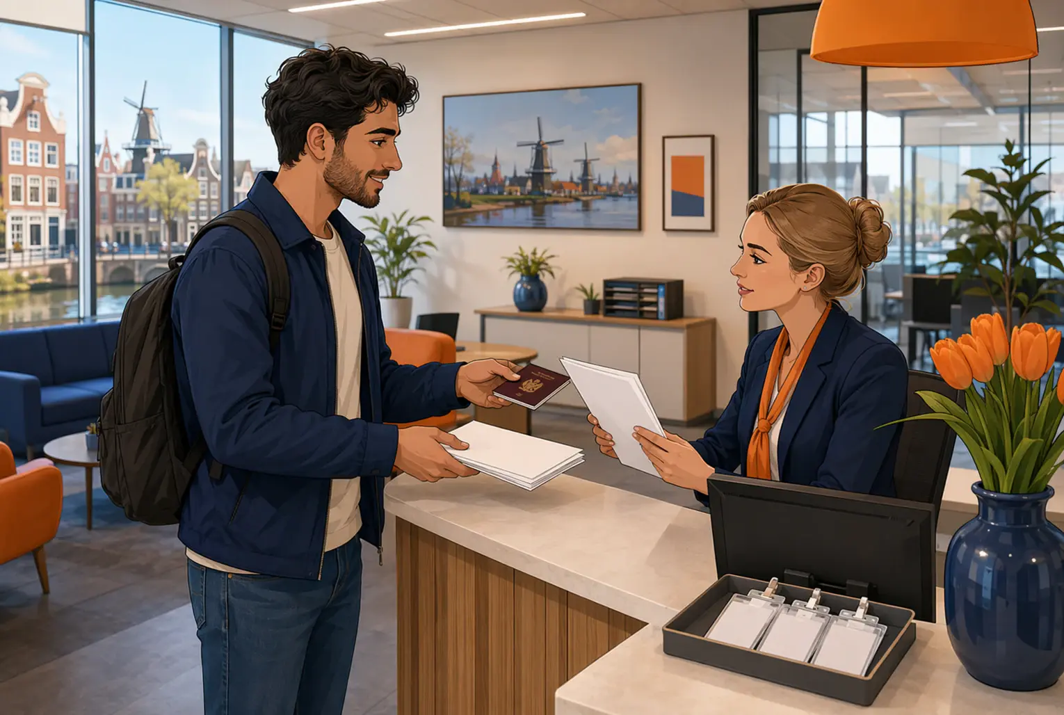 Greek job seeker presenting passport at reception desk