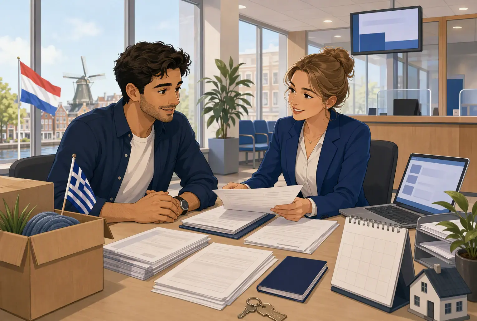 Greek worker reviewing Dutch registration papers with recruiter