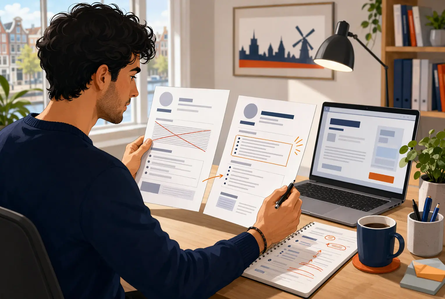 Job seeker revising CV beside laptop and notes